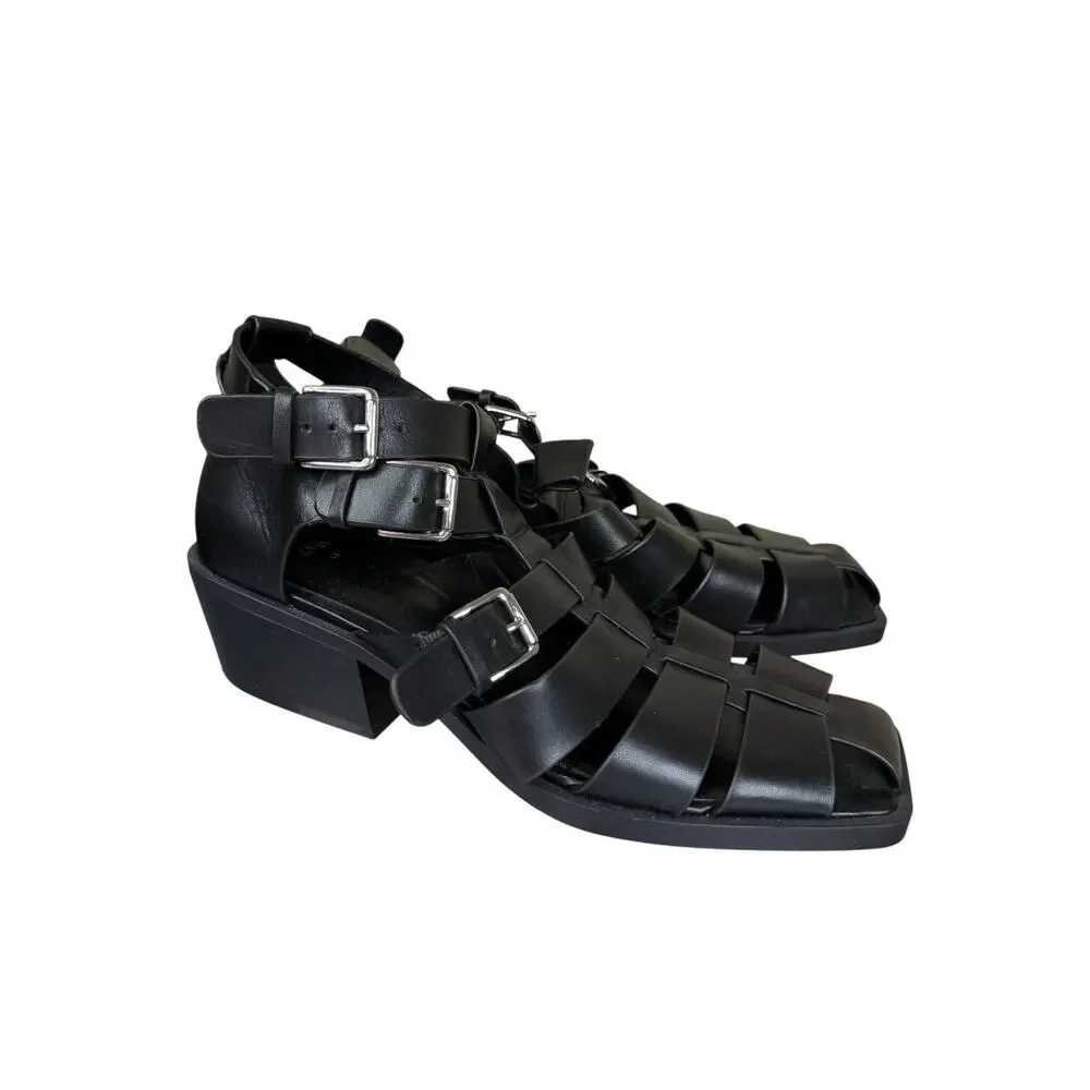 NEW ZARA Black Leather Fisherman Sandals Buckle Cage Heels Size 41 US 10 - Picture 9 of 11